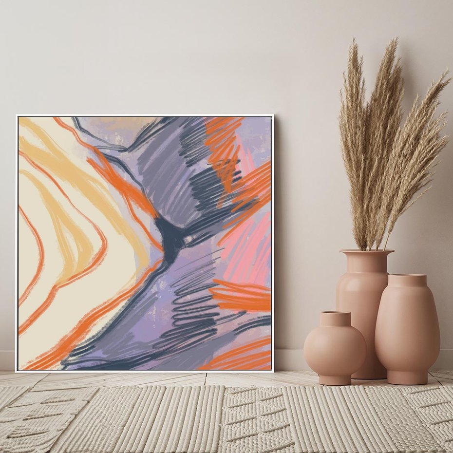 Obraz w ramie 80x80 - Pokreślony Świat - abstrakcyjne formy, odcienie pomarańczu i fioletu - rama biała