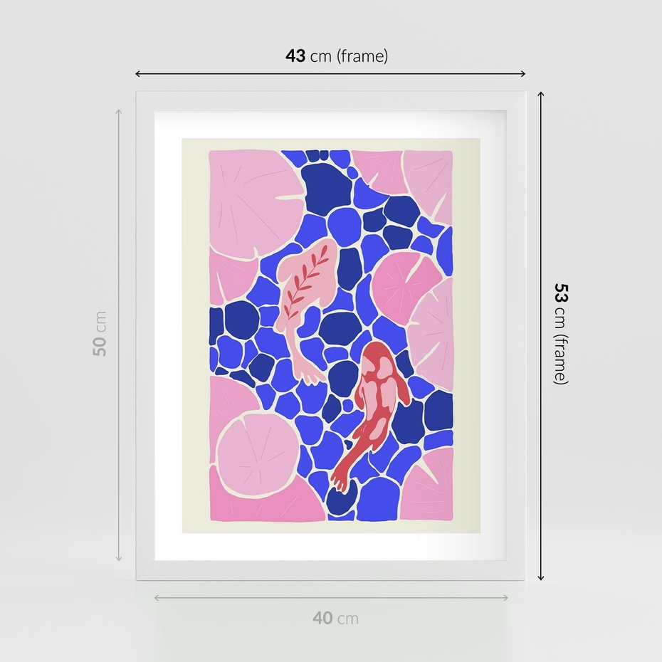 Plakat w ramie 40x50 - Rzeka Abstrakcji - abstrakcyjna kompozycja, różowe ryby wśród rafy - rama biała