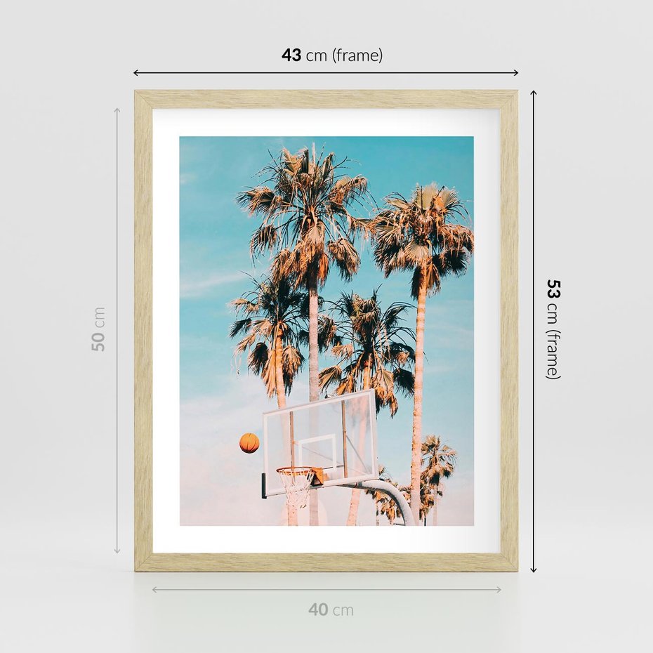 Plakat w ramie 40x50 - Egzotyczna Koszykówka - palmy na tle nieba, koszykówka - rama drewno