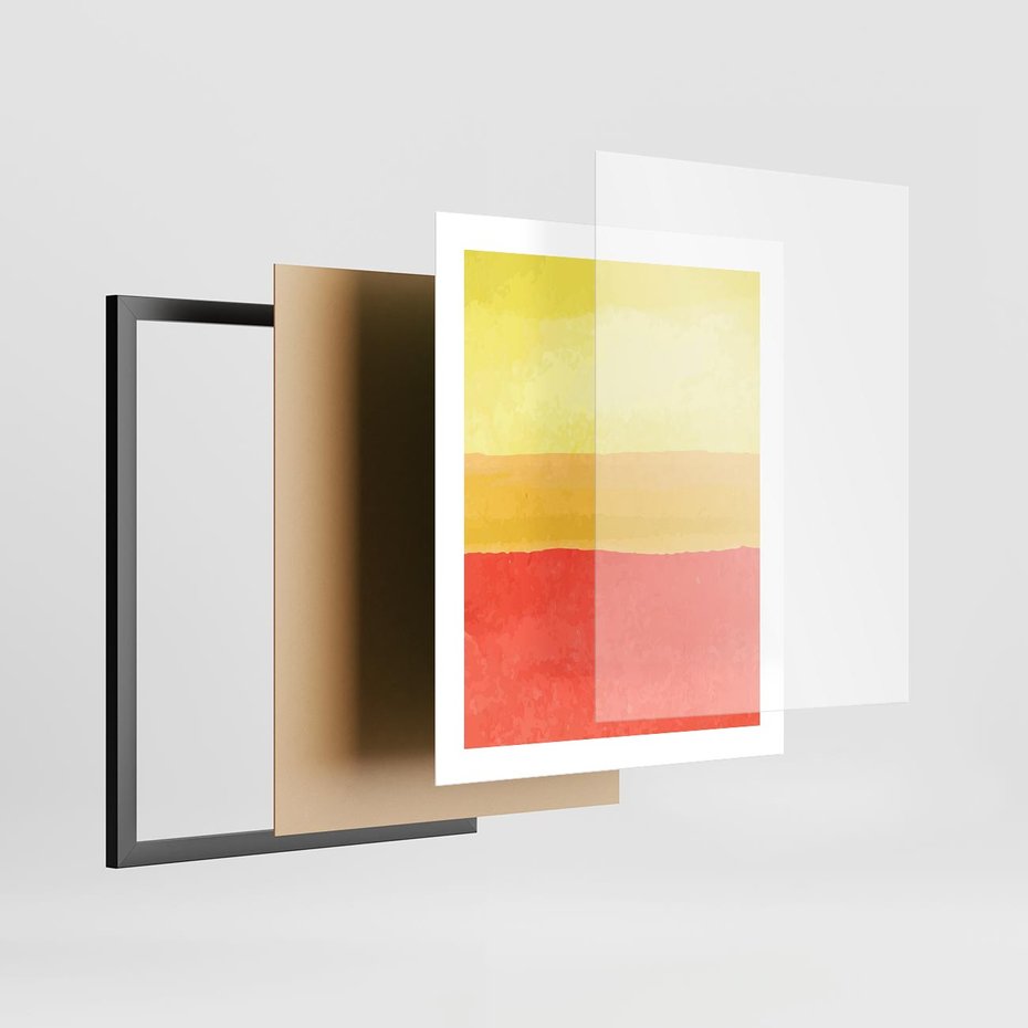 Plakat w ramie 40x50 - Rozmyte Odbicia - kolorowe akwarelowe pasy, odcienie żółci i czerwieni - rama czarna