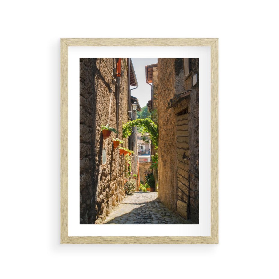 Plakat w ramie 30x40 - Włoska uliczka w perspektywie - Włochy, uliczka - rama drewno