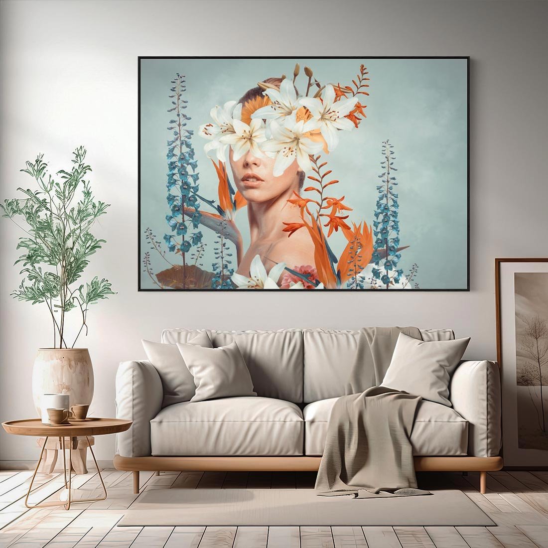 Obraz w ramie 100x70 - Kwiatowa Enklawa Uroku - kolaż, nierealna kompozycja - rama czarna