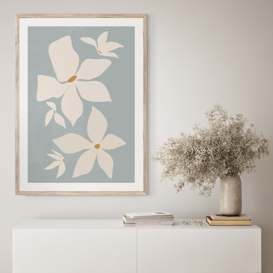 Plakat w ramie 30x40 - Błękit Kwiatów - kwiaty, nowoczesne i minimalistyczne - rama drewno