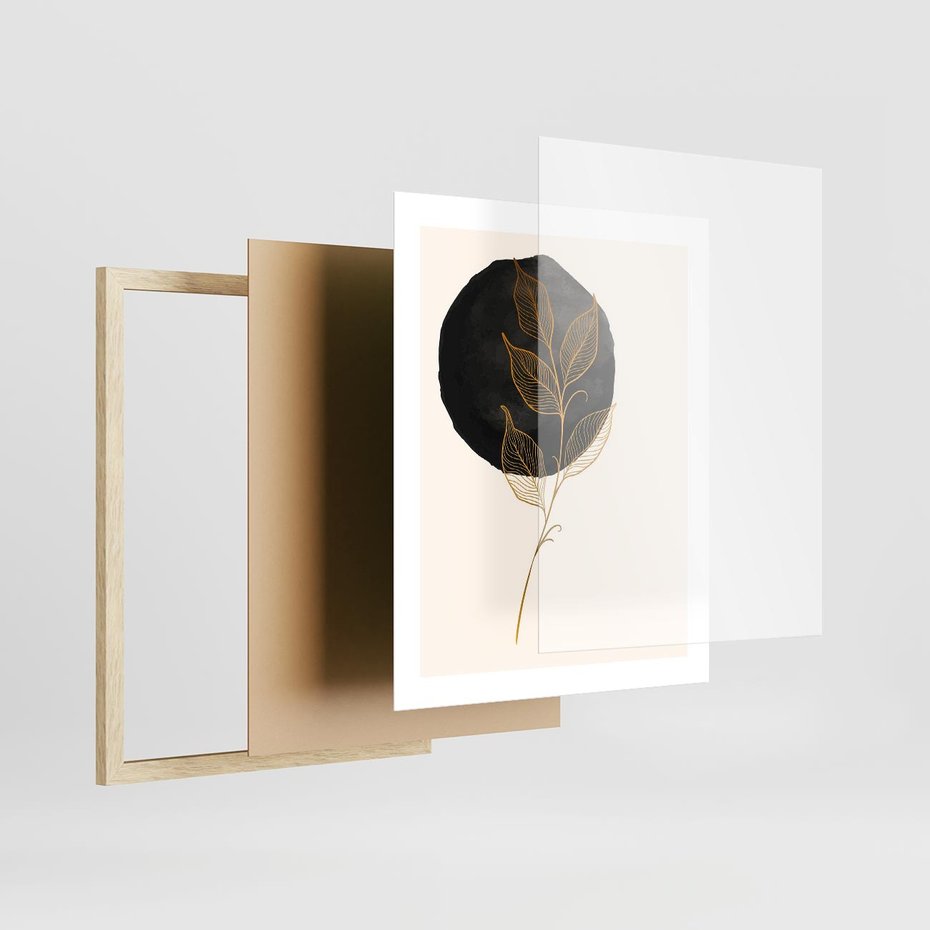 Plakat w ramie 40x50 - Złoty Liść na Czarnej Plamie - grafika, złoty liść - rama drewno