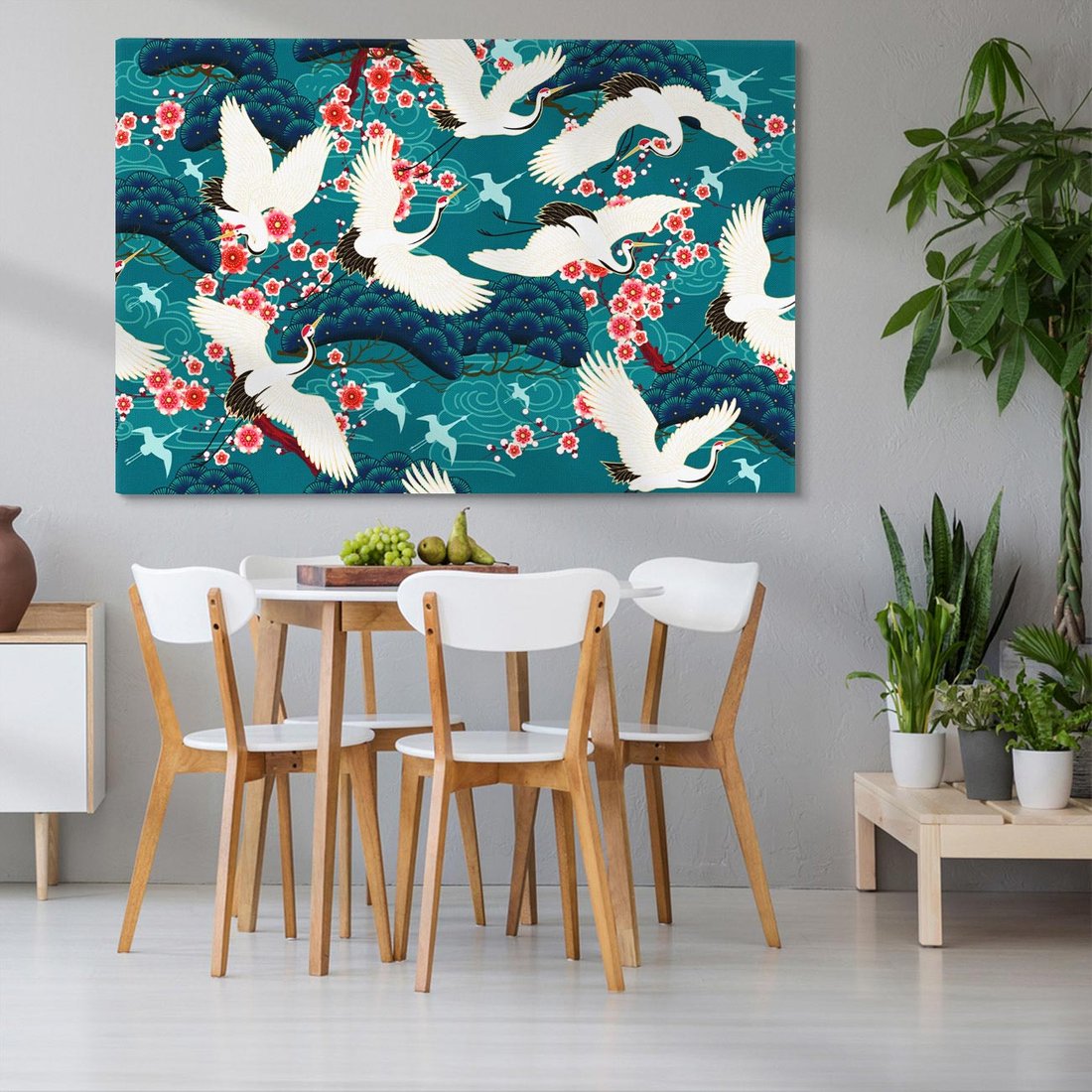 Obraz na płótnie 120x80 - Żurawie Wachlarze - orientalne japońskie żurawie, grafika