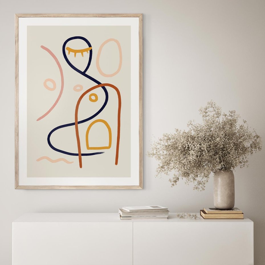 Plakat w ramie 30x40 - Mgnienie Oka - abstrakcja w stylu picasso, beżowe tło - rama drewno