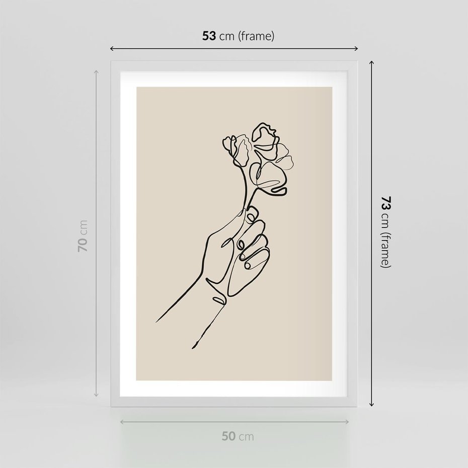 Plakat w ramie 50x70 - Szkic Kwiatu - kwiat w dłoni, szkic - rama biała
