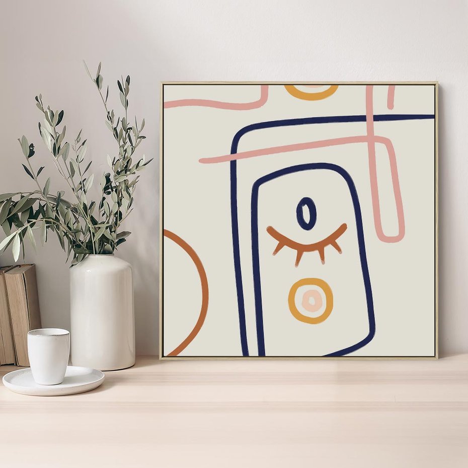 Obraz w ramie 80x80 - Manifestacje Dziwności - abstrakcja w stylu picasso, beżowe tło - rama drewno