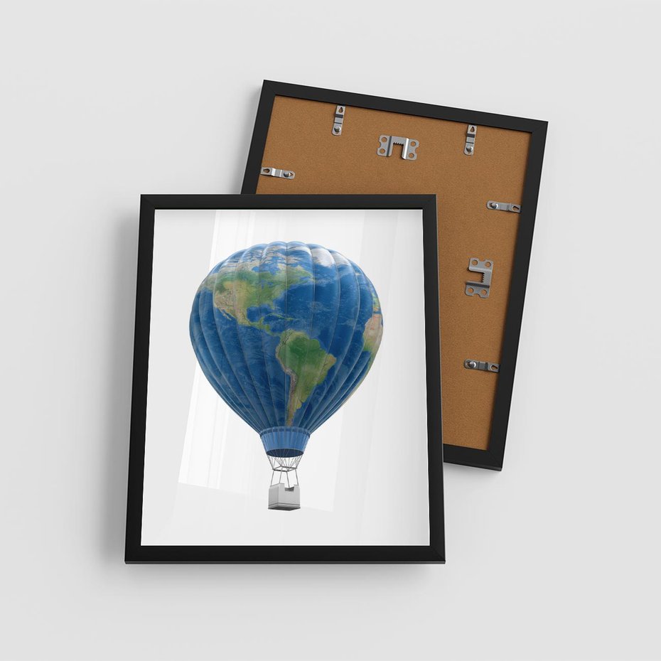 Plakat w ramie 40x50 - Podróżniczy balon nad ziemią - balon, ziemia - rama czarna