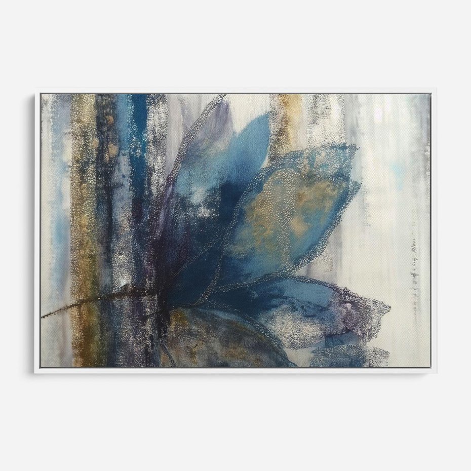 Obraz w ramie 120x80 - Tekstura Kwiatu - olejny obraz, niebieski kwiat - rama biała