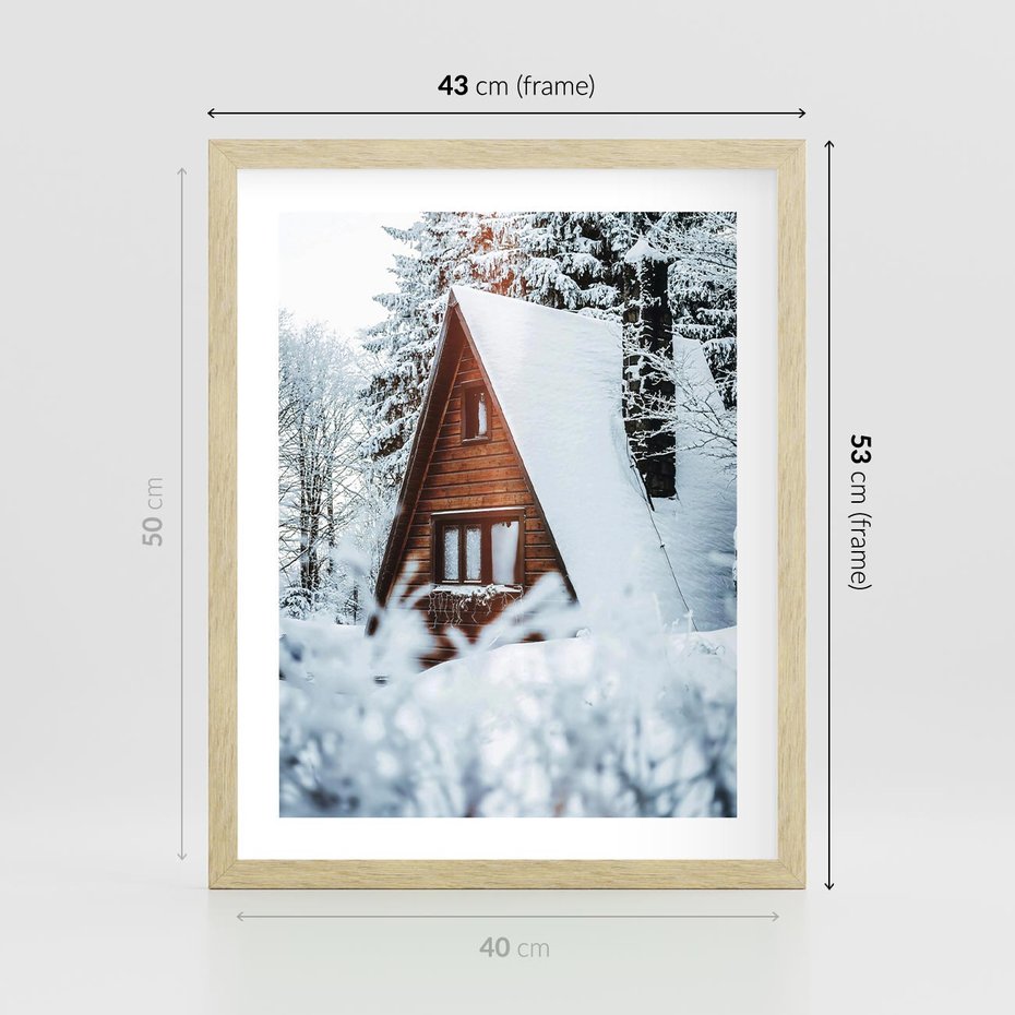 Plakat w ramie 40x50 - Zimowe Ustronie w Lesie - domek w lesie, zimowy las - rama drewno