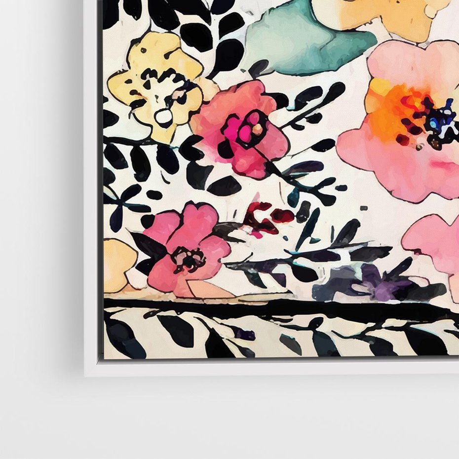 Obraz w ramie 50x50 - Opowieść w kroplach farb - akwarelowe kwiaty, mocna ornamentowa czarna ramka namalowana dookoła obrazu - rama biała