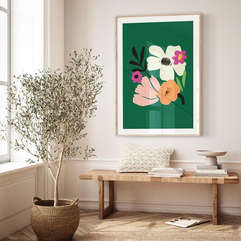 Plakat w ramie 30x40 - Rozbijające Echa - abstrakcyjne kwiaty, zielone tło - rama drewno