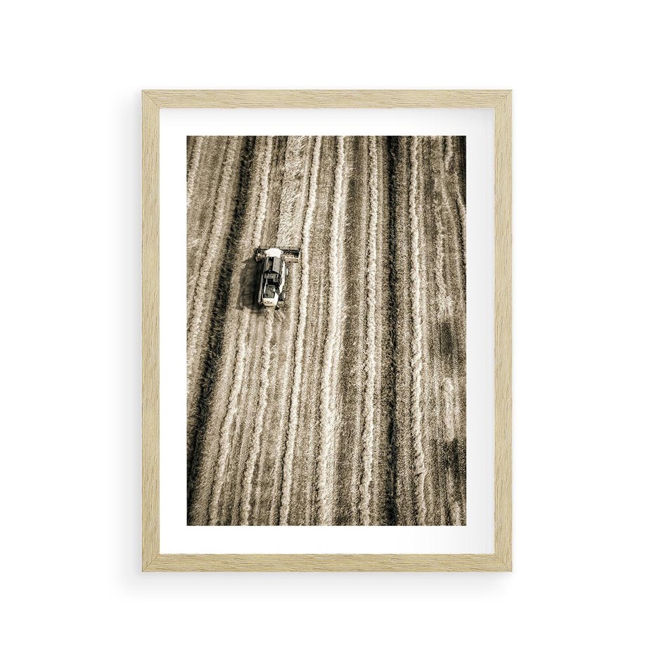 Plakat w ramie 30x40 - Sepia na Polu - kombajn, pole - rama drewno
