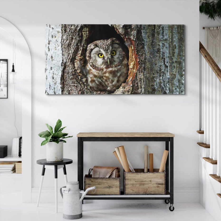 Obraz na płótnie 120x60 - Tajemniczy W świecie Nocy - sowa, dziupla