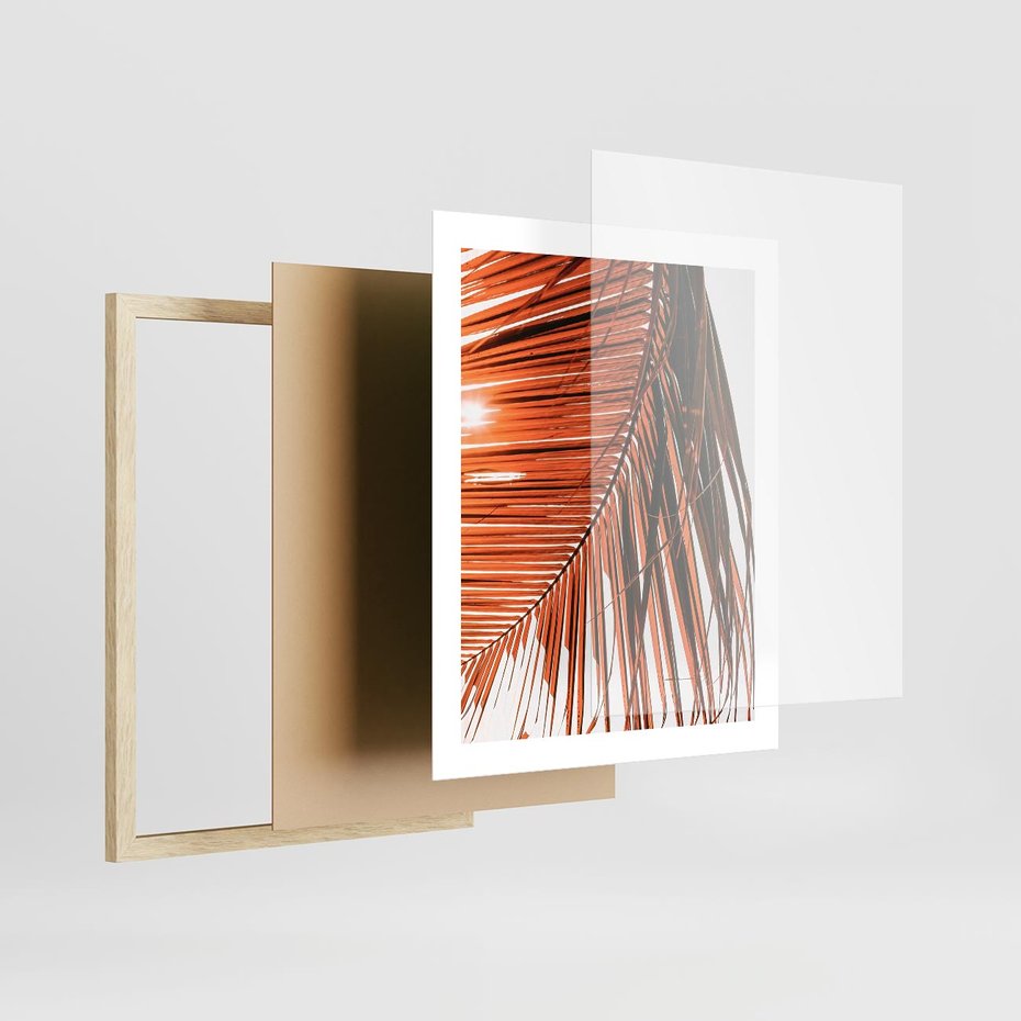 Plakat w ramie 40x50 - Słońce na Palmie - palma, promienie słońca - rama drewno