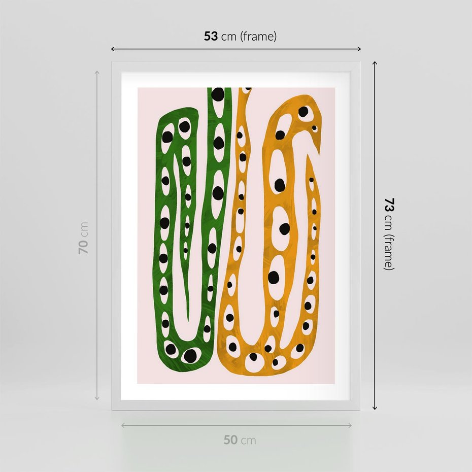 Plakat w ramie 50x70 - Migocące Zmaganie - abstrakcyjny obraz, dziwne kształty - rama biała