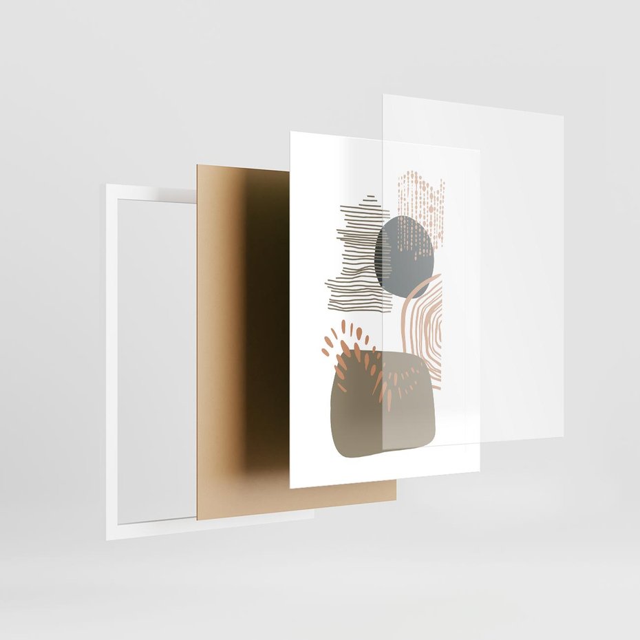 Plakat w ramie 30x40 - Taniec Plam - abstrakcyjna kompozycja z kropek kresek i kółek, odcienie brązu i beżu - rama biała