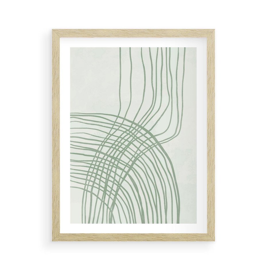 Plakat w ramie 50x70 - Migotliwa Spokojna Zieleń - zielony plakat, abstrakcyjne splątane linie - rama drewno