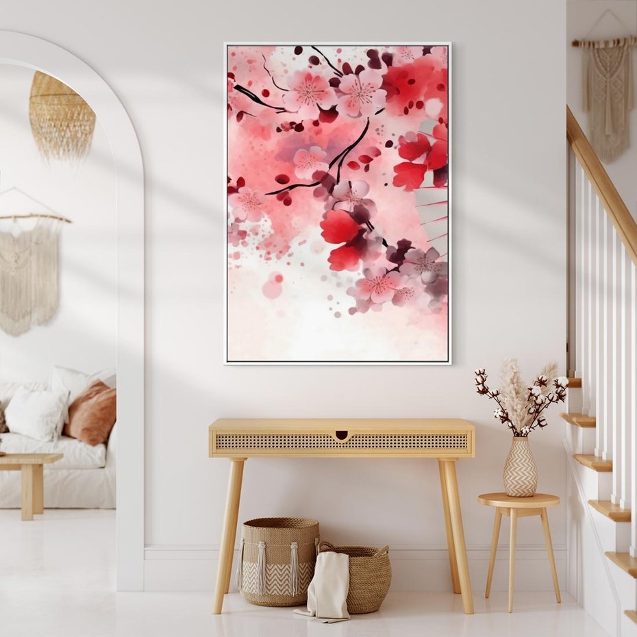 Obraz w ramie 70x100 - Szept Kwitnącej Wiśni - japoński parasol, liście - rama biała