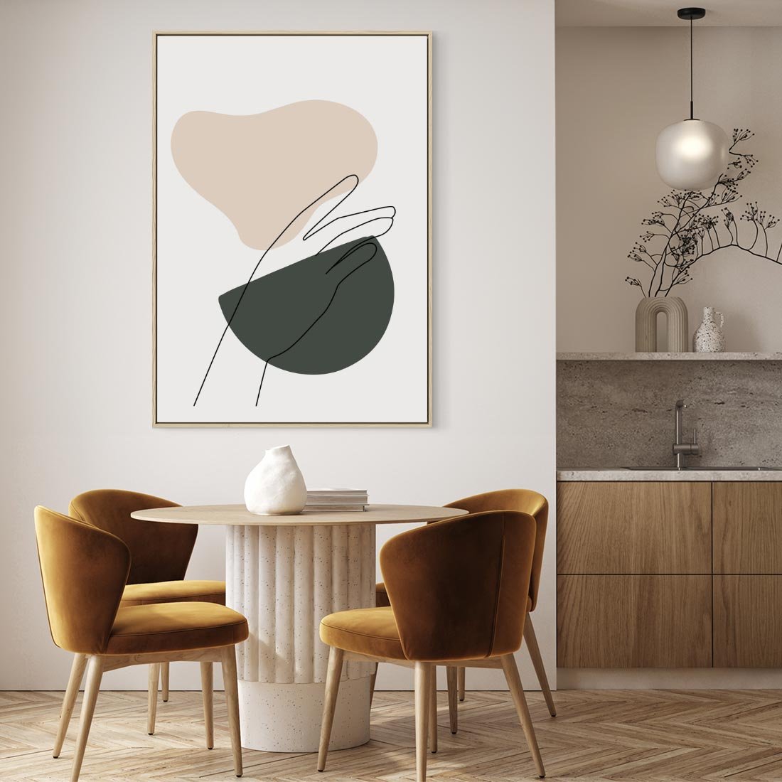 Obraz w ramie 80x120 - Rozkwitająca Opowieść - szkic jedną linią, one lone - rama drewno