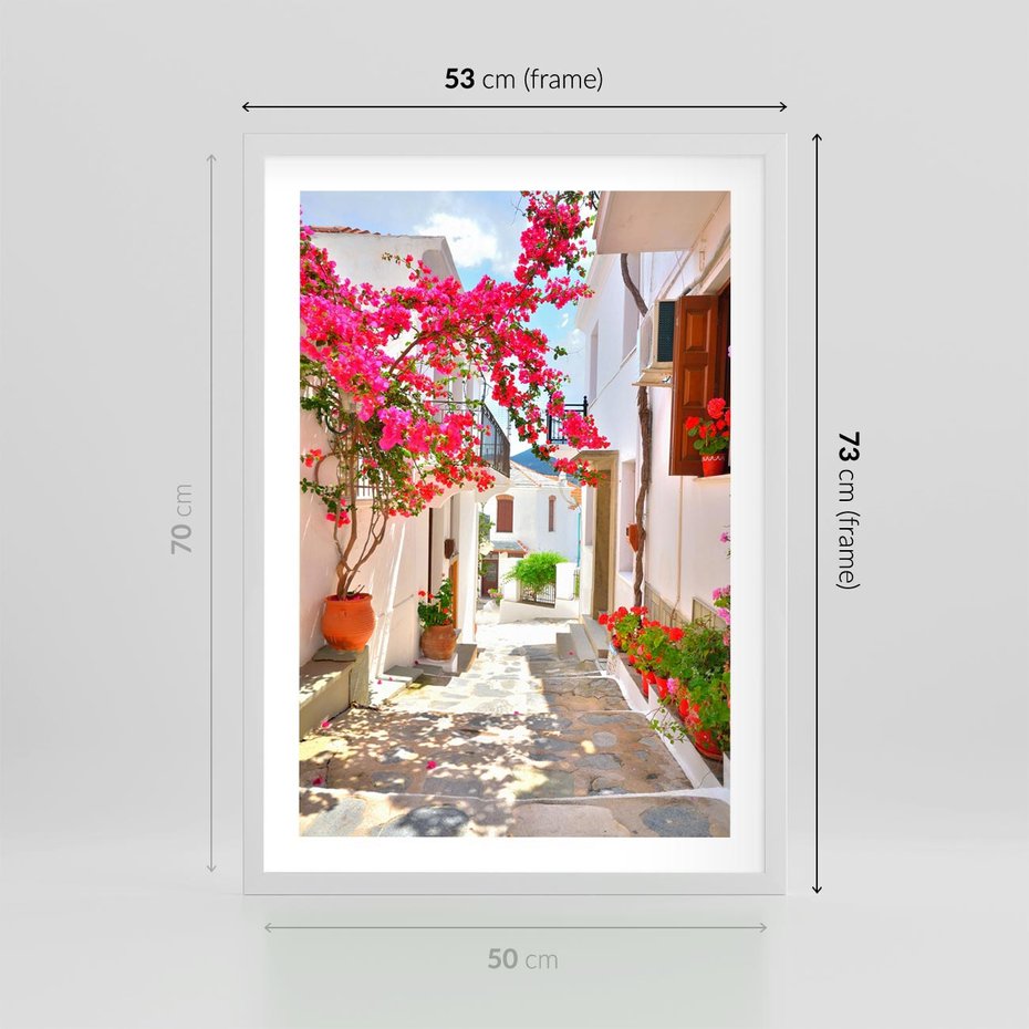 Plakat w ramie 50x70 - Kwiatowa uliczka wakacji - kwiaty, uliczka - rama biała