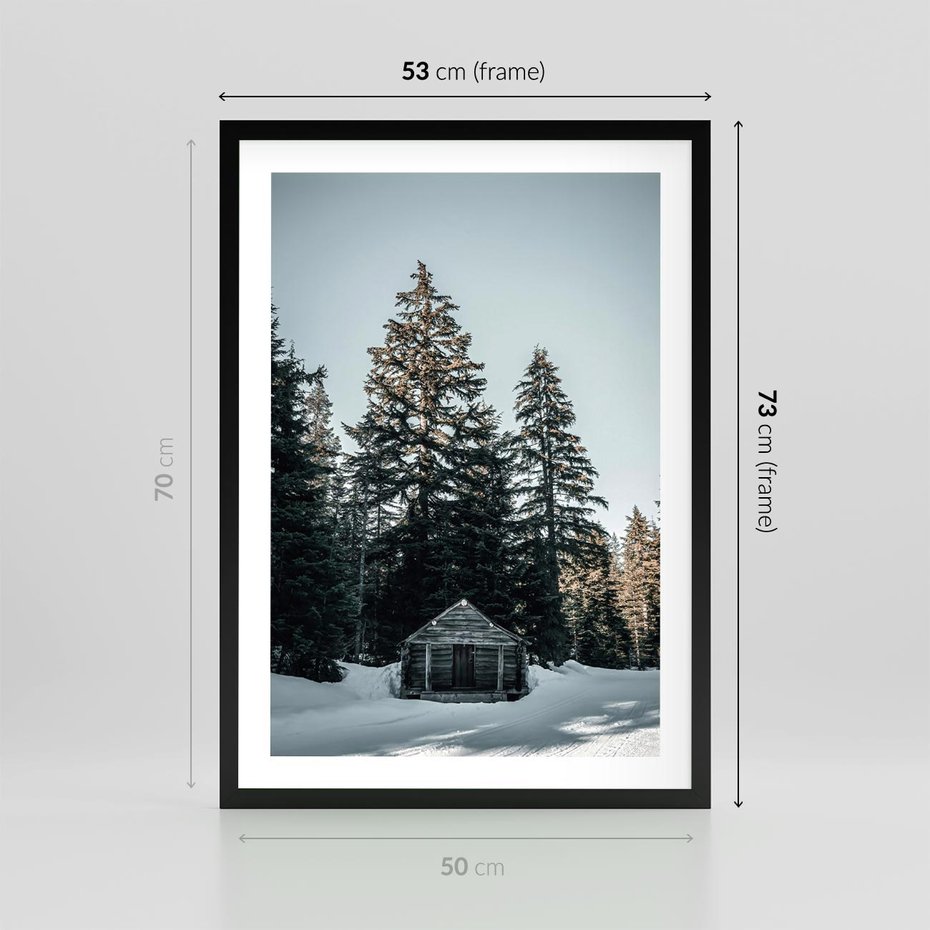 Plakat w ramie 50x70 - Chatka w Górach w Czasie Zimy - chatka w górach, zima - rama czarna