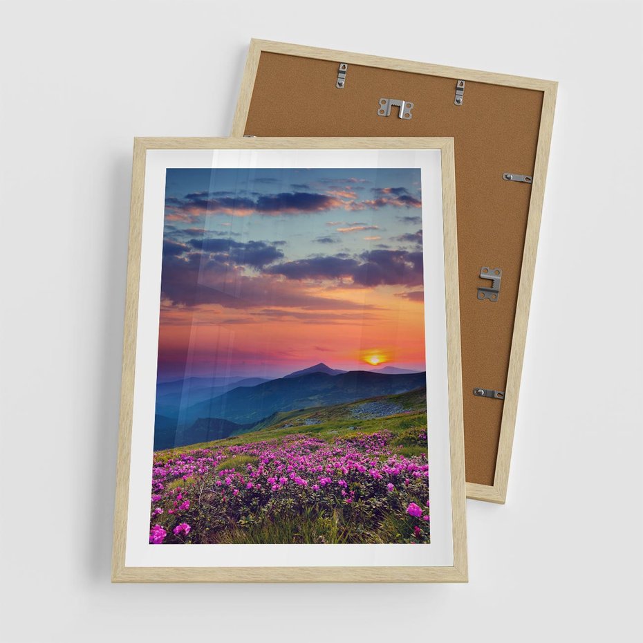Plakat w ramie 50x70 - Górski Zachód - góry, łąka - rama drewno