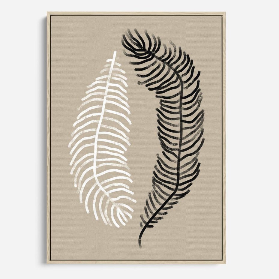 Obraz w ramie 70x100 - Spleciona Harmonia - sztuka nowoczesna, białe i czarne pióro - rama drewno