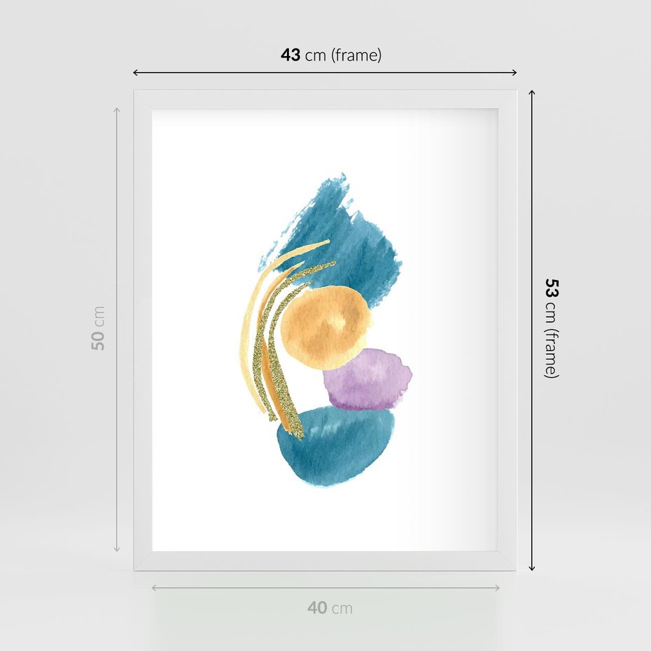 Plakat w ramie 40x50 - Migocące Barwy Akwarel - akwarelowe plamy w odcieniach błękitu, złote kreski - rama biała