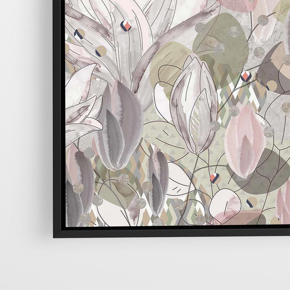 Obraz w ramie 50x50 - Pejzaże zatajonej duszy - połączenie tekstur, roślinne motywy - rama czarna