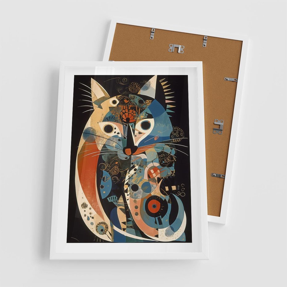 Plakat w ramie 50x70 - Księga Surrealnych Wymiarów - abstrakcyjny obraz olejny, kot - rama biała