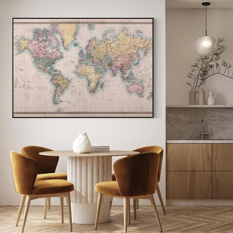 Obraz w ramie 100x70 - Światło Przeszłości - retro mapa świata, mapa - rama czarna