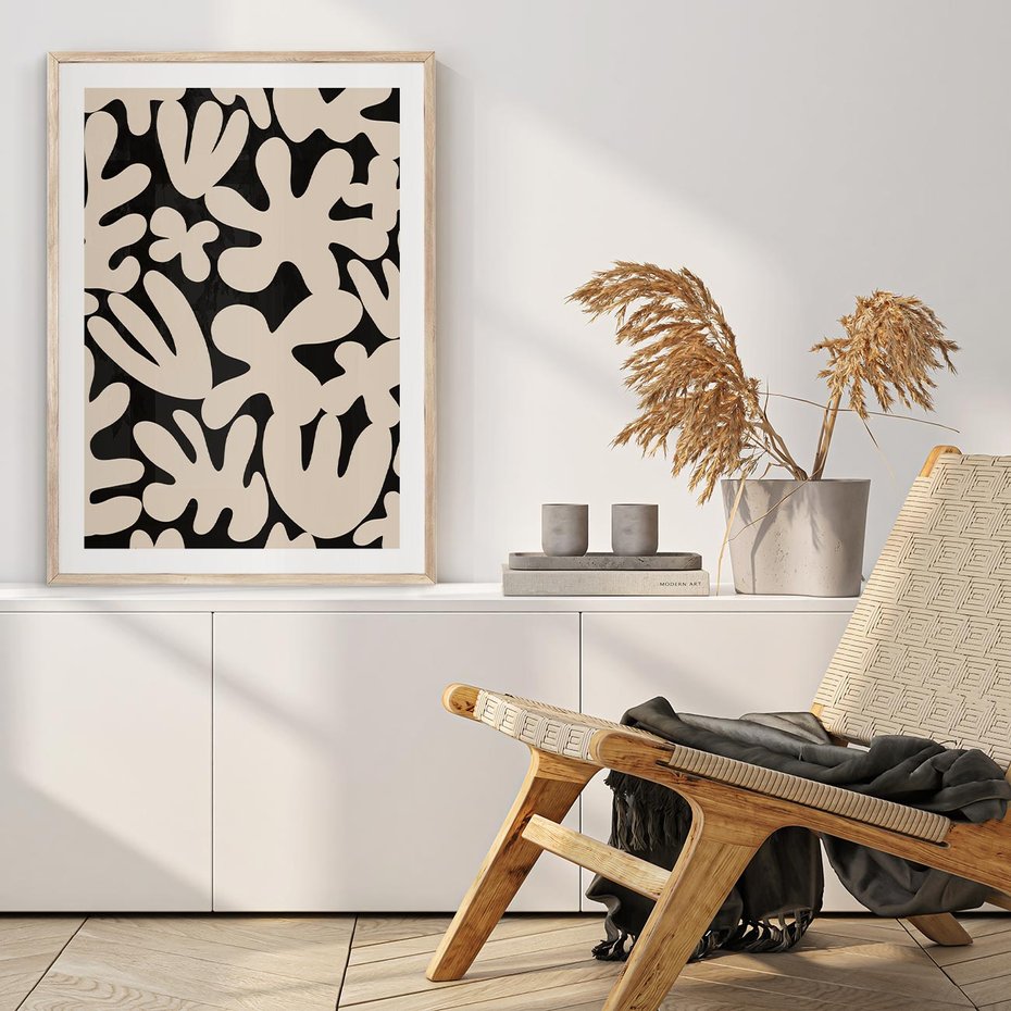 Plakat w ramie 40x50 - Księga Ukrytych Widoków - abstrakcyjne czarno białe formy, minimalizm - rama drewno