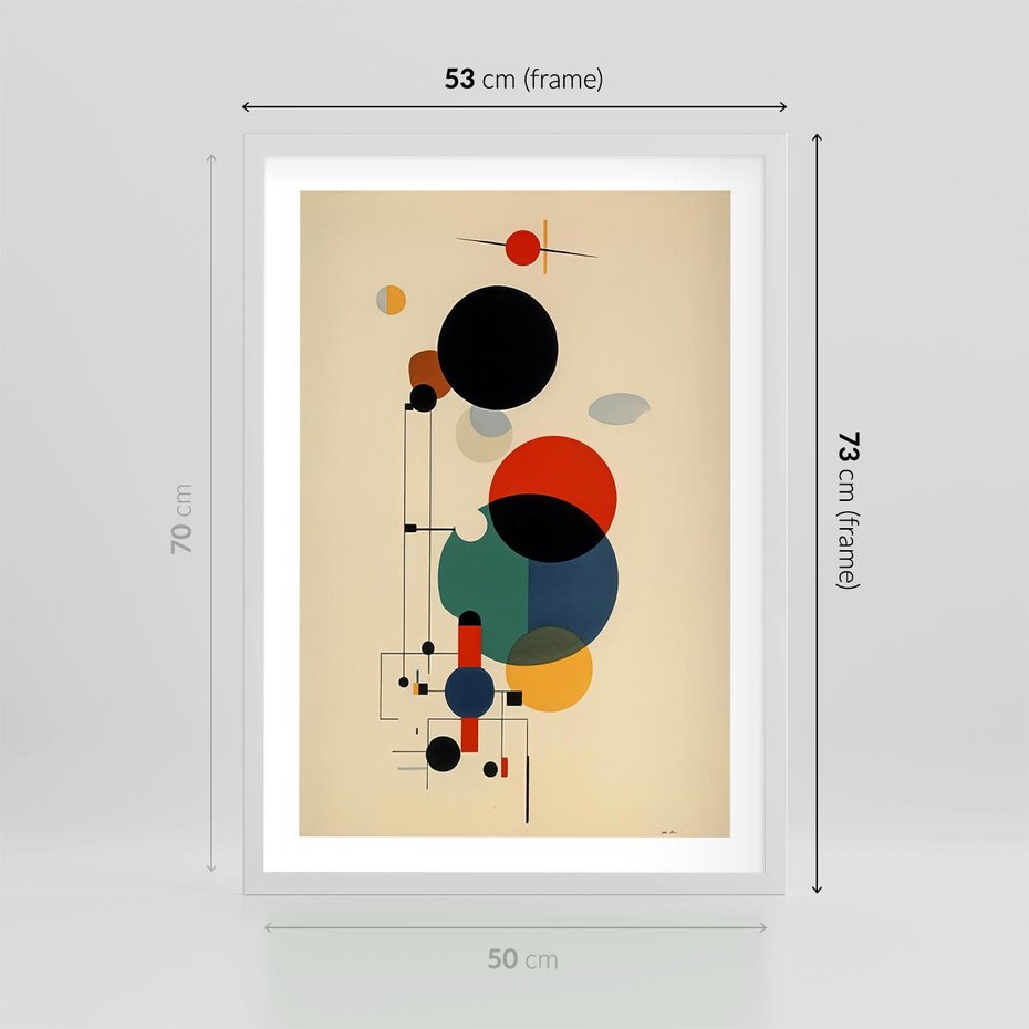 Plakat w ramie 50x70 - Migocące Impresje Odniesień - abstrakcyjna geometryczna kompozycja, koła linie - rama biała