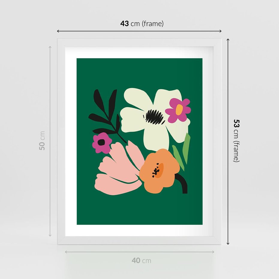 Plakat w ramie 40x50 - Rozbijające Echa - abstrakcyjne kwiaty, zielone tło - rama biała