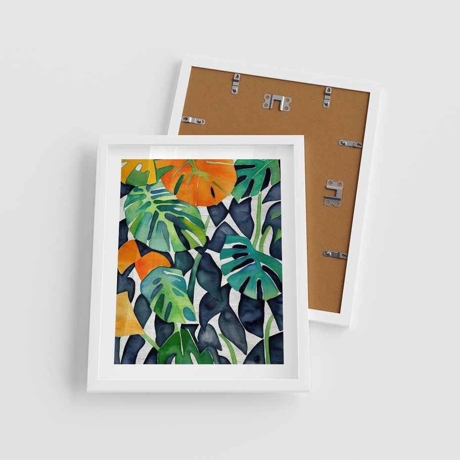 Plakat w ramie 40x50 - Tropikalne Pragnienia - akwarela, liście tropikalne - rama biała