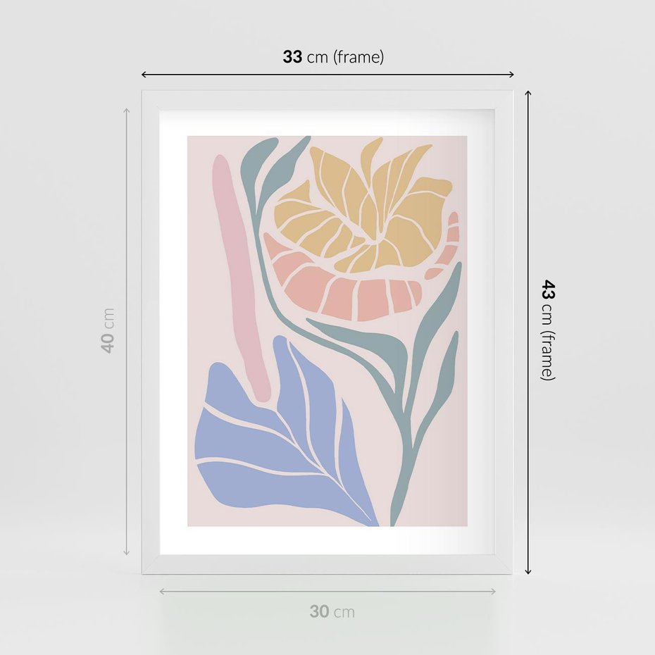 Plakat w ramie 30x40 - Wyjątkowe Ukojenie - pastelowe kwiaty, na beżowym tle - rama biała