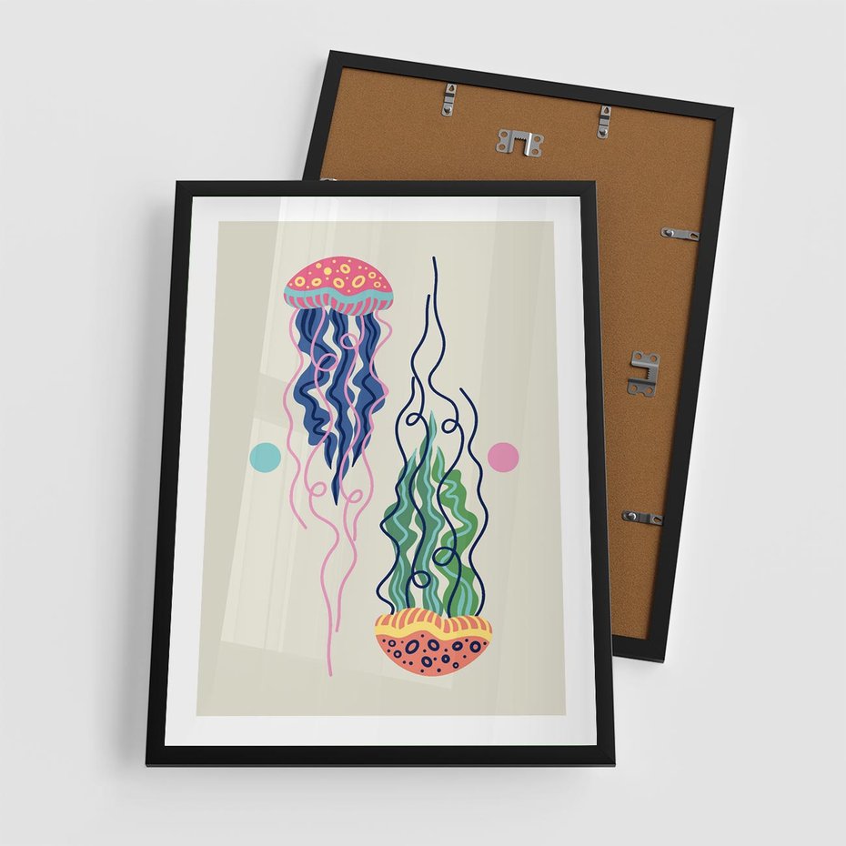 Plakat w ramie 50x70 - Morskie Pulsacje - nowoczesny optymistyczny plakat, kolorowe meduzy - rama czarna