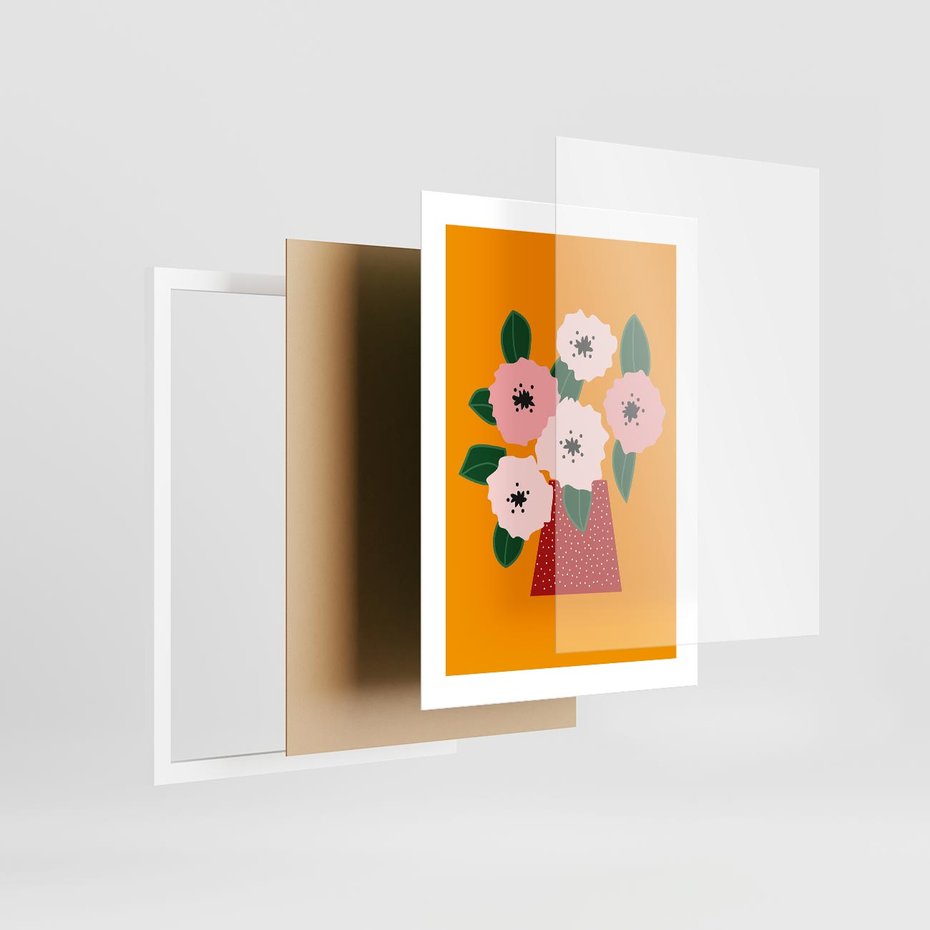 Plakat w ramie 30x40 - Harmonijne Granice - abstrakcyjne kwiaty, żółte tło - rama biała