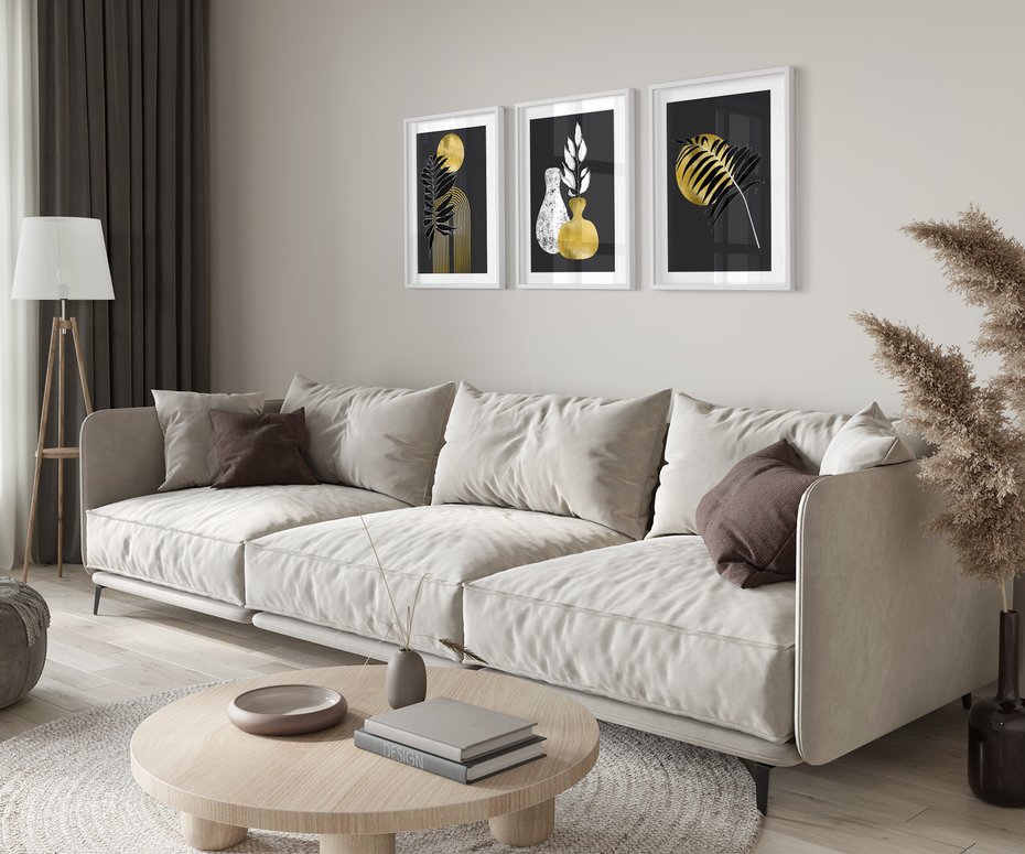 Zestaw obrazy w ramie 30x40 galeria - Złoto, liście, monstery - rama biała