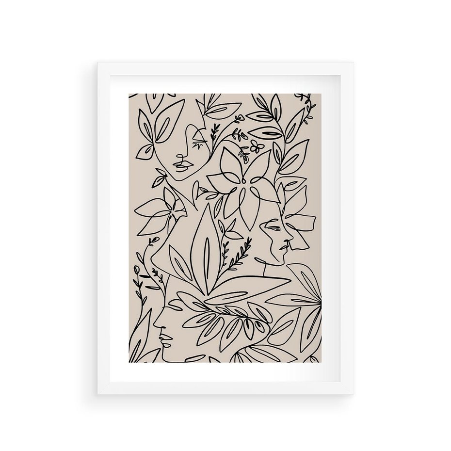 Plakat w ramie 30x40 - Kobiecy Portret Duszy - beżowe tło, czarny szkic nowoczesnych kwiatów - rama biała