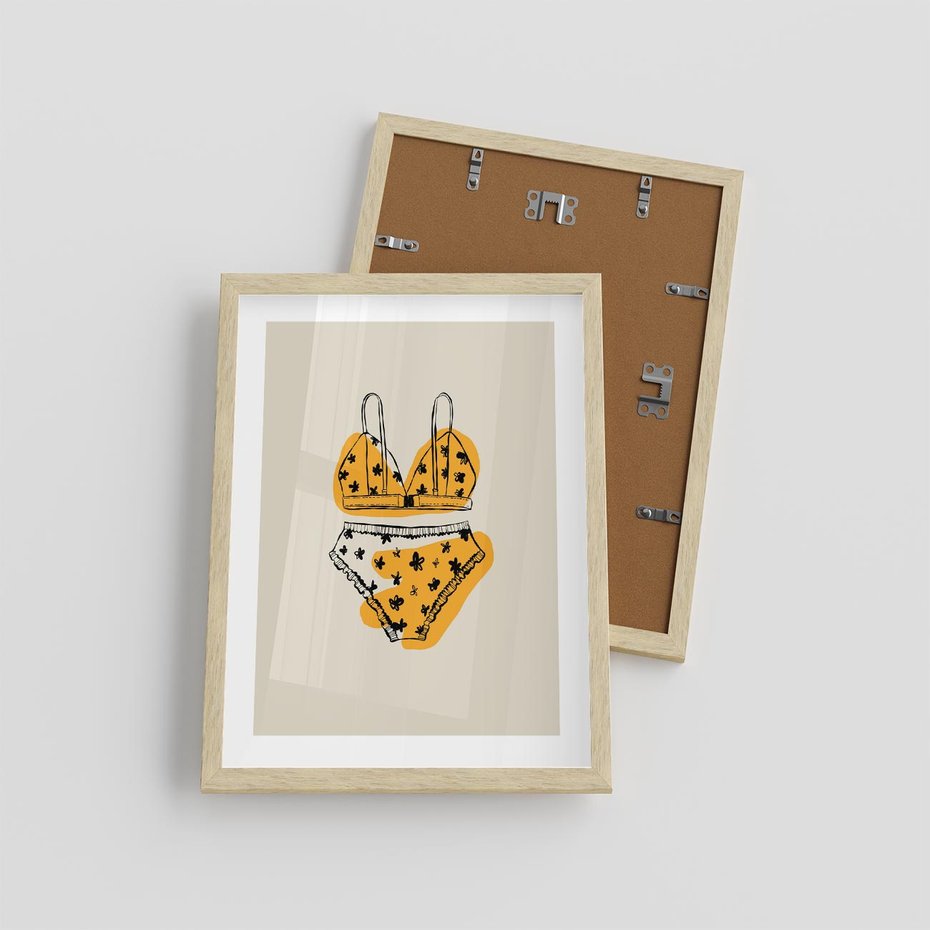 Plakat w ramie 30x40 - Minimalistyczny Szkic Bielizny - minimalistyczna grafika, szkic bielizny - rama drewno