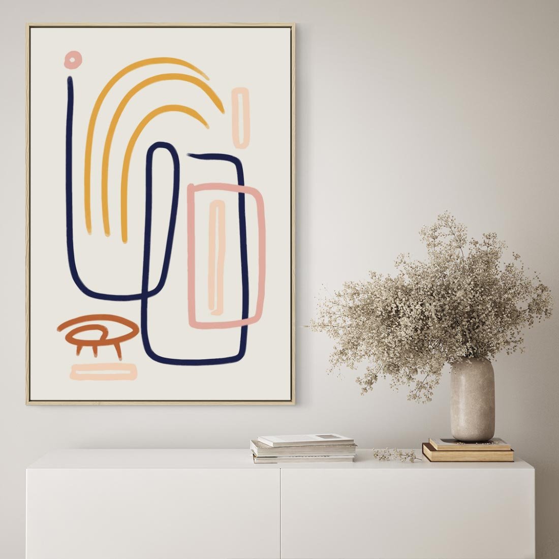 Obraz w ramie 80x120 - Abstrakcyjne Mrugnięcie - abstrakcja w stylu picasso, beżowe tło - rama drewno