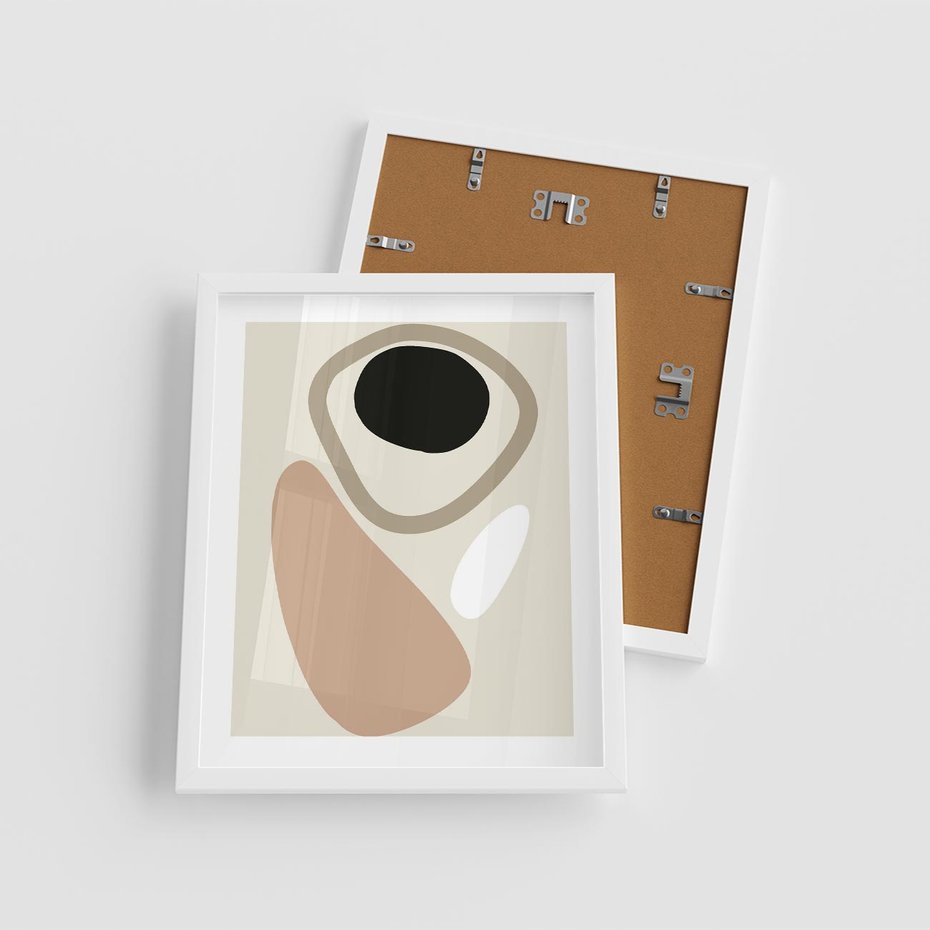 Plakat w ramie 40x50 - Beżowa Synergia - beżowa abstrakcyjna kompozycja, czarny akcent - rama biała