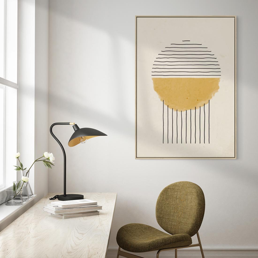Obraz w ramie 50x70 - Podróżne Kreski - akwarelowa plama, geometryczne szkicowane kształty - rama drewno