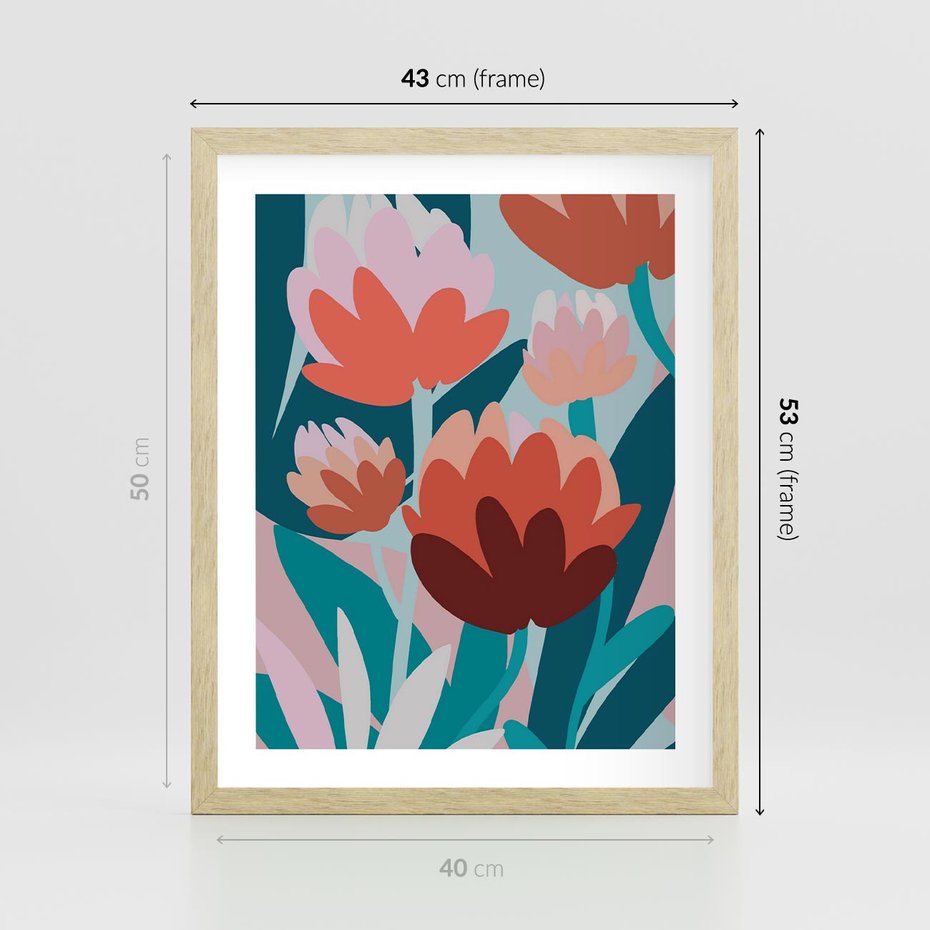 Plakat w ramie 40x50 - Symfonia Kwiatów - abstrakcyjna kompozycja kwiatowych form, kolor zgaszone - rama drewno