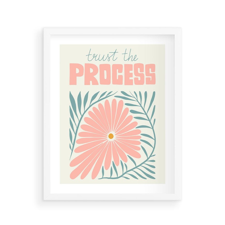 Plakat w ramie 40x50 - Symfonia Światła - typografia, pastelowa stokrotka - rama biała