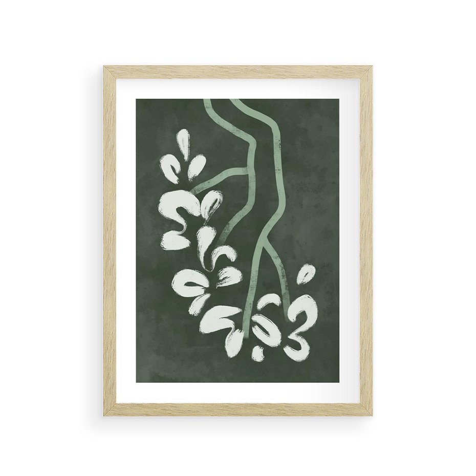 Plakat w ramie 30x40 - Rozkwitające Zielone Gałęzie - abstrakcyjne delikatne zielone linie, podobne do gałęzi kwiatów - rama drewno