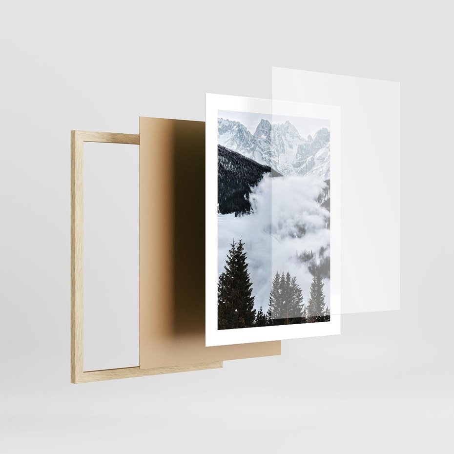 Plakat w ramie 30x40 - Zimowa Magia Gór: Śnieżne Szczyty - grajobraz górski, zima - rama drewno